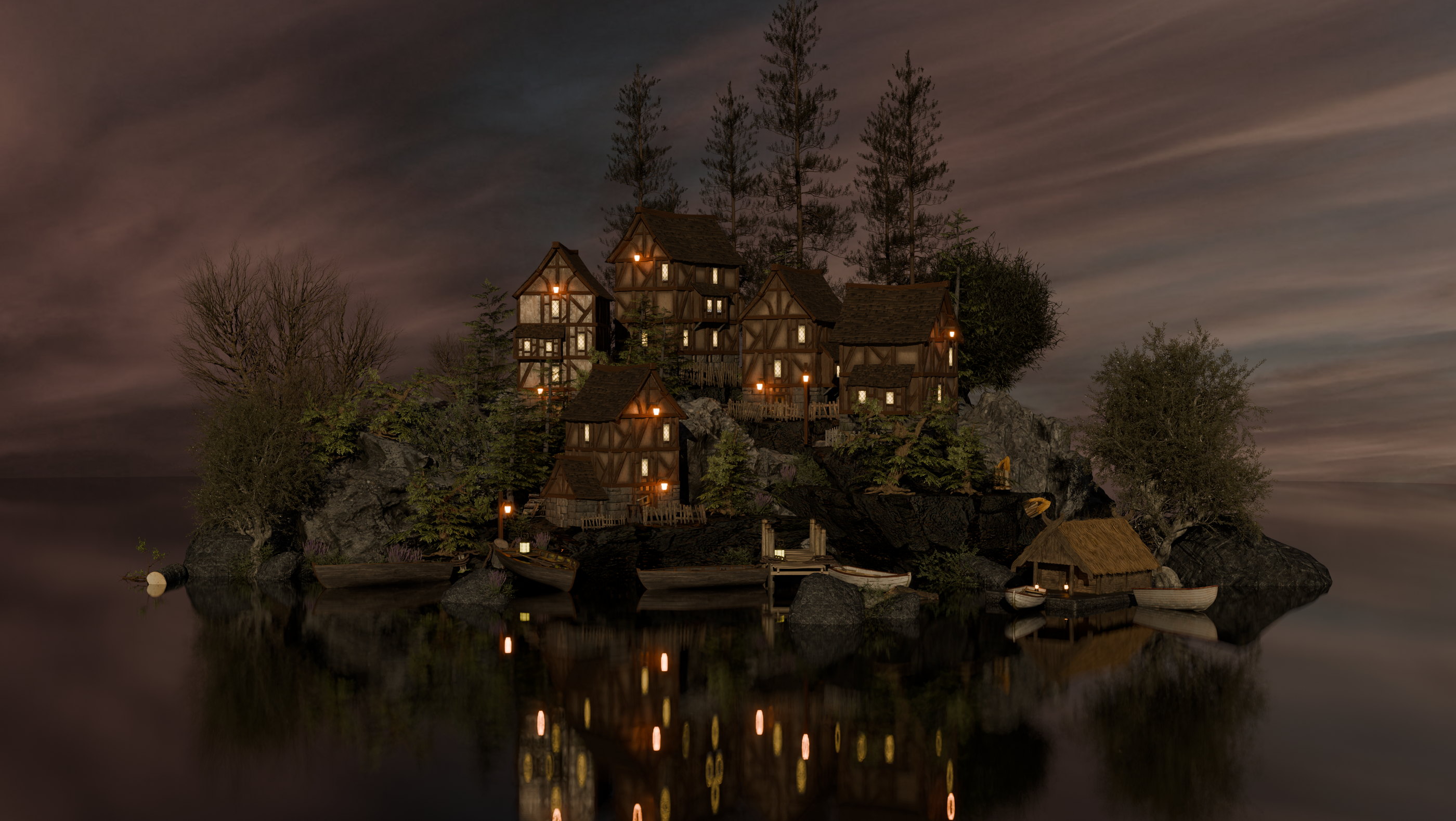 Medieval riverside village at night
